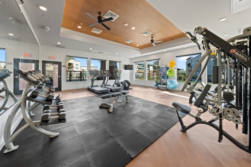 a gym with weights and cardio equipment and windows