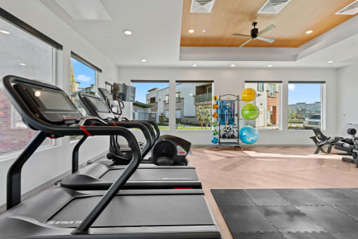 a gym with treadmills and other exercise equipment with a view of the yard