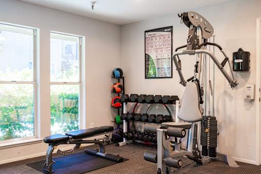 A home gym with a bench, weights, and exercise equipment.