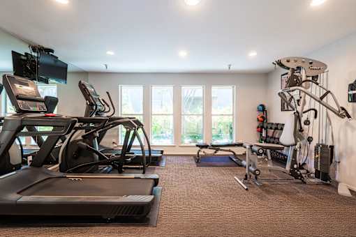 A home gym with a treadmill, exercise bike, and other equipment.