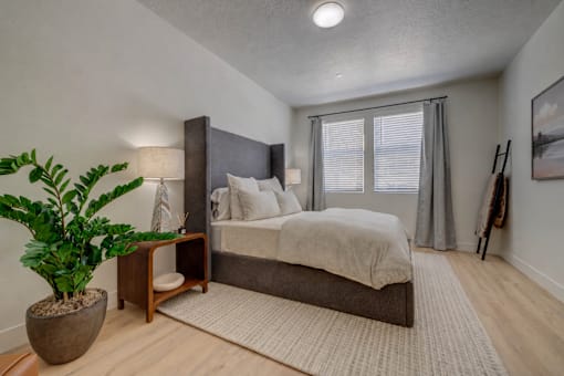 A bedroom with a bed, nightstand, and plant.