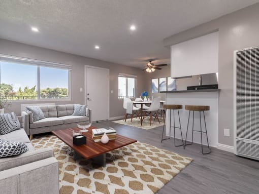 a living room with a couch and a table