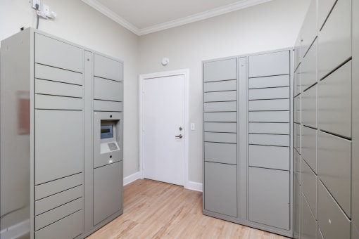 a room with two gray lockers and a white door