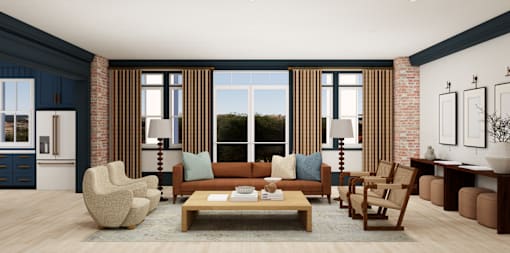 A living room with a brown sofa, two chairs, and a coffee table.