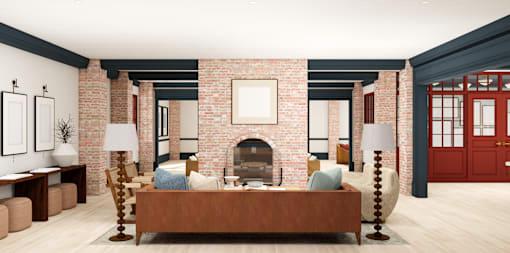 A living room with a fireplace and a large couch.