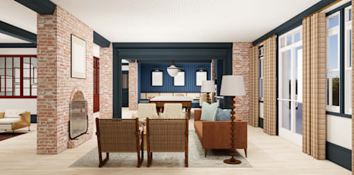 A living room with a blue wall and a white couch.