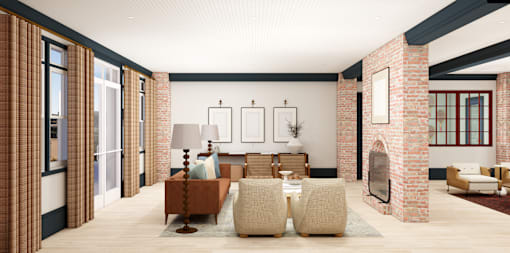 A living room with a fireplace and a couch.