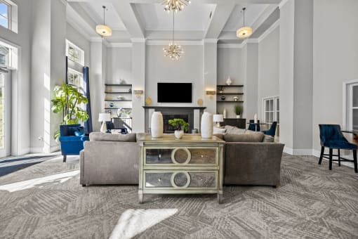 a living room with a couch and a table