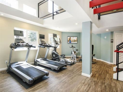 a home gym with two treadmills and a treadmill
