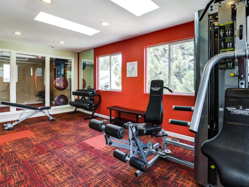 a home gym with red walls and windows