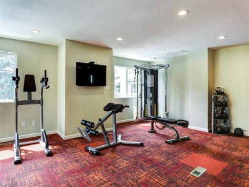 a home gym with a tv and exercise equipment
