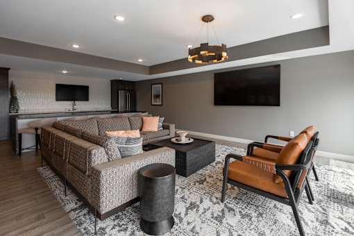 A modern living room with a grey sofa and a black and white rug.
