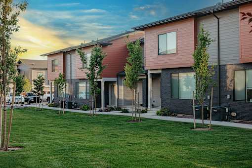 A row of modern houses with trees in front.