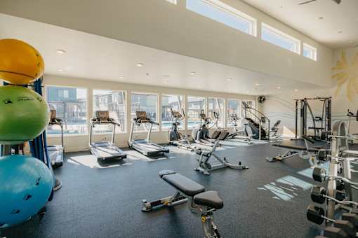 A gym with a variety of equipment including treadmills, weights, and exercise balls.