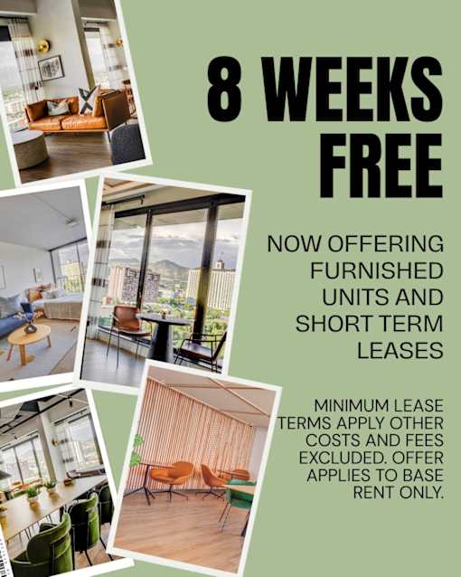 An advertisement for 8 weeks free furnished units and short term leases.