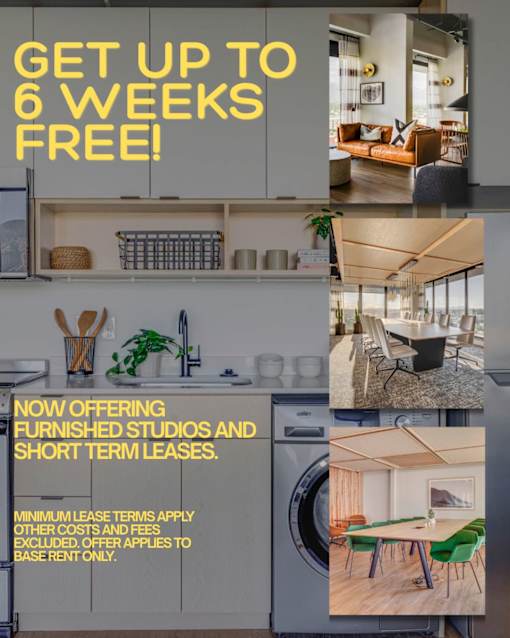 A promotional image for furnished studios and short term leases offering up to 6 weeks free.