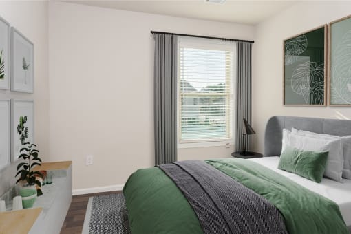 a bedroom with a large bed and a window with blinds