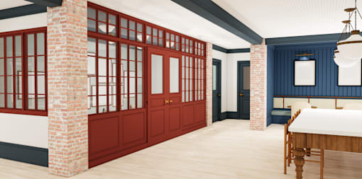 A room with a bed and a red door.