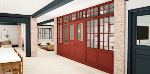 A red door with glass panels is the focal point of this image.