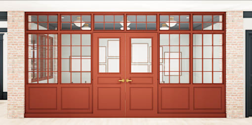 A red door with a glass window above it.