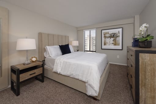 a bedroom with a large bed and a dresser with a nightstand