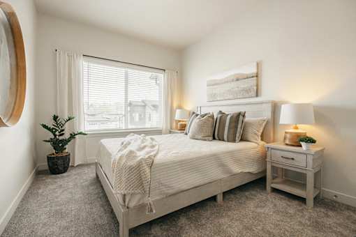 A bedroom with a large bed, a small table with a lamp, and a potted plant.