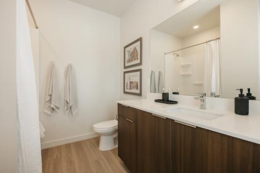 A bathroom with a toilet, sink, and mirror.