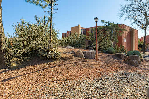 A gravel area with a tree and a lamp post in front of a building.