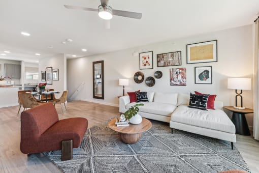 a living room with a couch and a table
