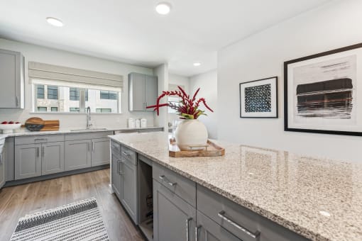 an open kitchen with granite counter tops and gray cabinets