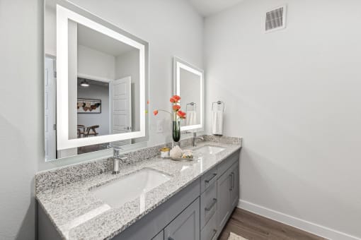 a bathroom with two sinks and a large mirror