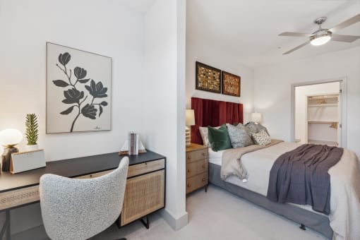 a bedroom with a bed and a desk with a chair