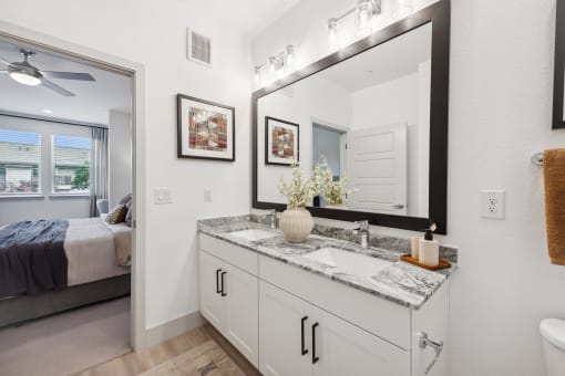 a bathroom with a large mirror and a sink