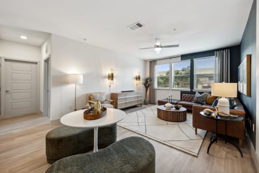 a living room with a couch and a table