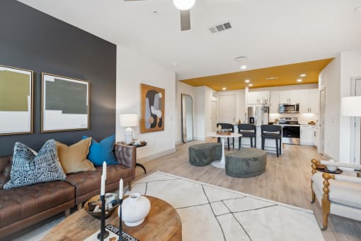 a living room with a couch and a table