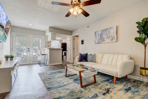 a living room with a white couch and a blue rug