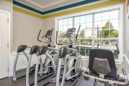 A gym with treadmills and exercise bikes.