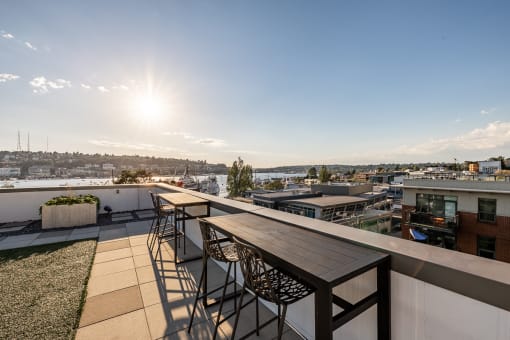 Equinox Rooftop Terrence seating  at Equinox Apartments, Seattle, WA, 98102