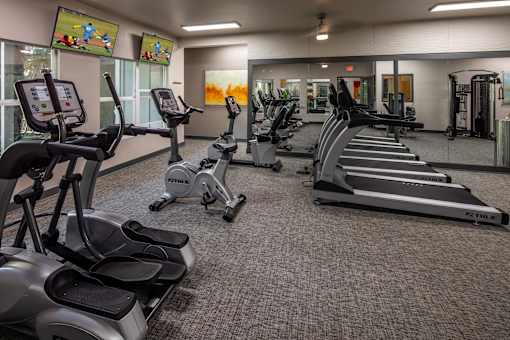 A gym with treadmills, elliptical machines, and other exercise equipment.