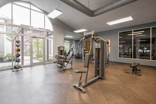 A gym with a variety of equipment including a treadmill, weights, and a bench.