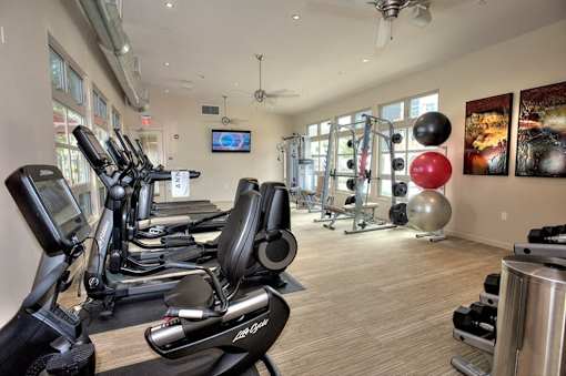 Fitness center with cardiovascular equipment and large windows at Annadel apartments, places to rent in Santa Rosa.