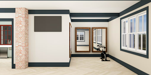 A room with a brick pillar and a mirror on the wall.
