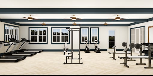 A gym with treadmills, weights, and exercise equipment.