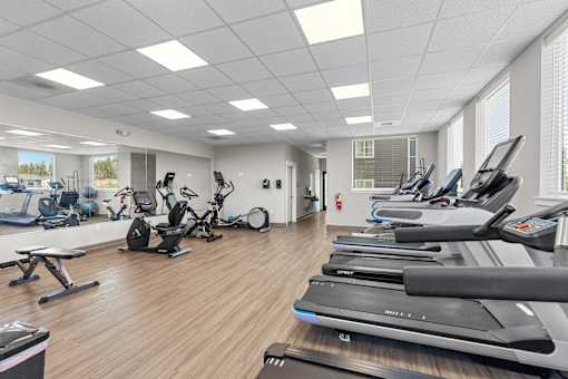 A gym with treadmills, exercise bikes, and other equipment.