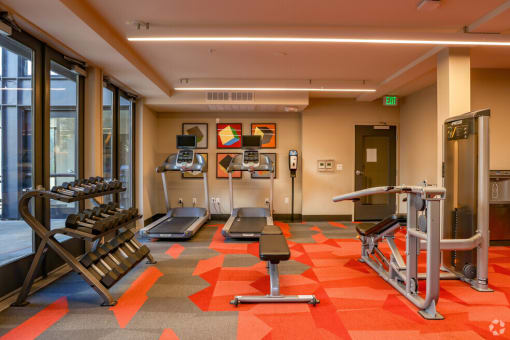 a gym with weights and cardio equipment in a room with windows