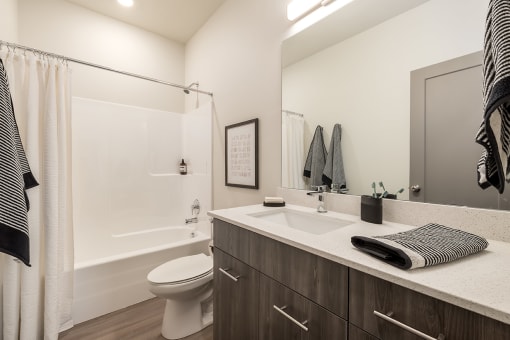 a bathroom with a sink and a shower and a toilet