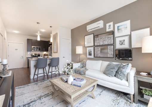 Furnished living room in a 1 bedroom apartment at Eliot on Ocean in Revere