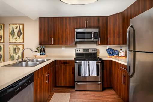 Kitchen with stainless steel appliances and wooden cabinets at Ascend2300, Carlsbad, 92008