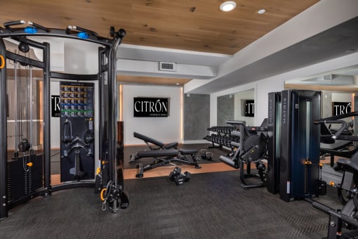 a fully equipped gym with cardio machines and weights at Citron, California, 92805