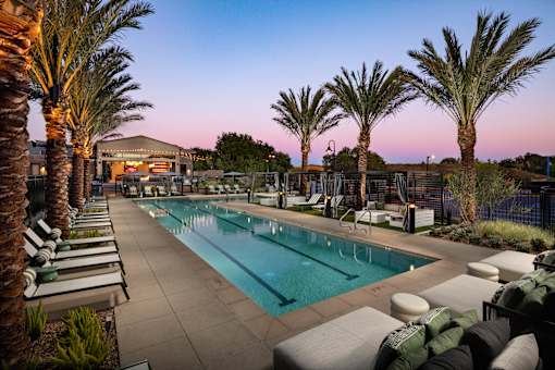 A pool surrounded by palm trees and lounge chairs.